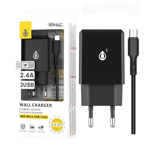 Carregador de Parede EU OnePlus A6197 com Cabo Micro 1 USB 5V/2,4 Preto